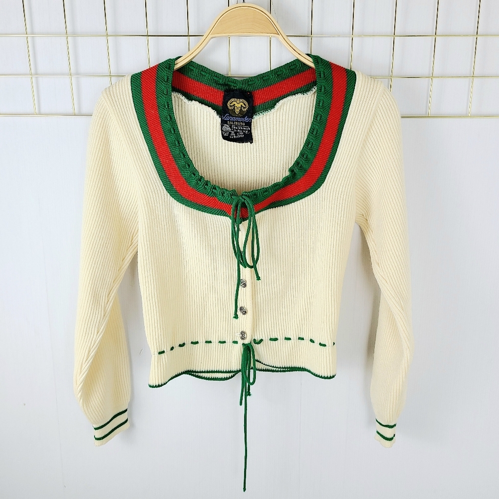 Lanamoden Salzburg Wool Button Front Tie Peplum Vintage Nordic Cardigan Sweater